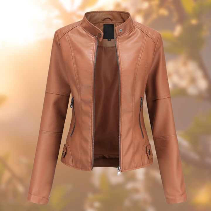 Levoire | Veste En Cuir Simple Style Biker Pour Femmes Brun clair