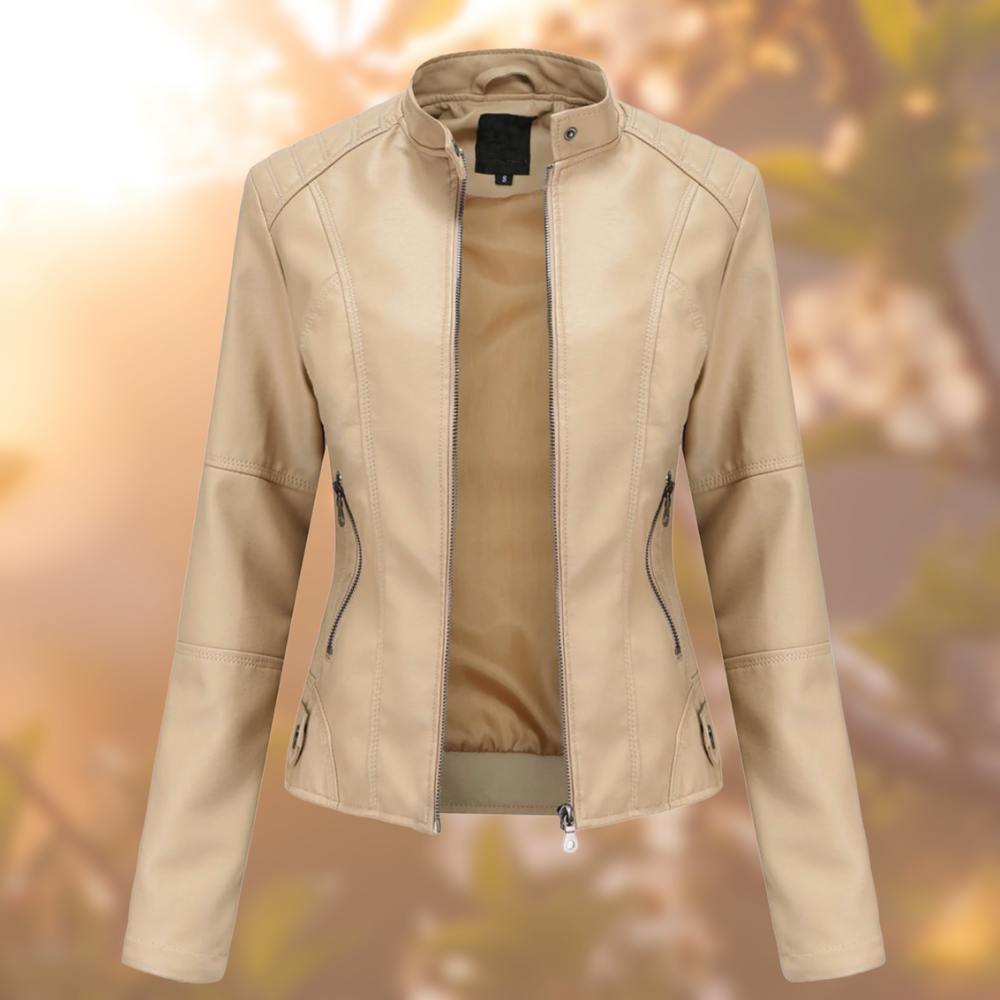Levoire | Veste En Cuir Simple Style Biker Pour Femmes Beige