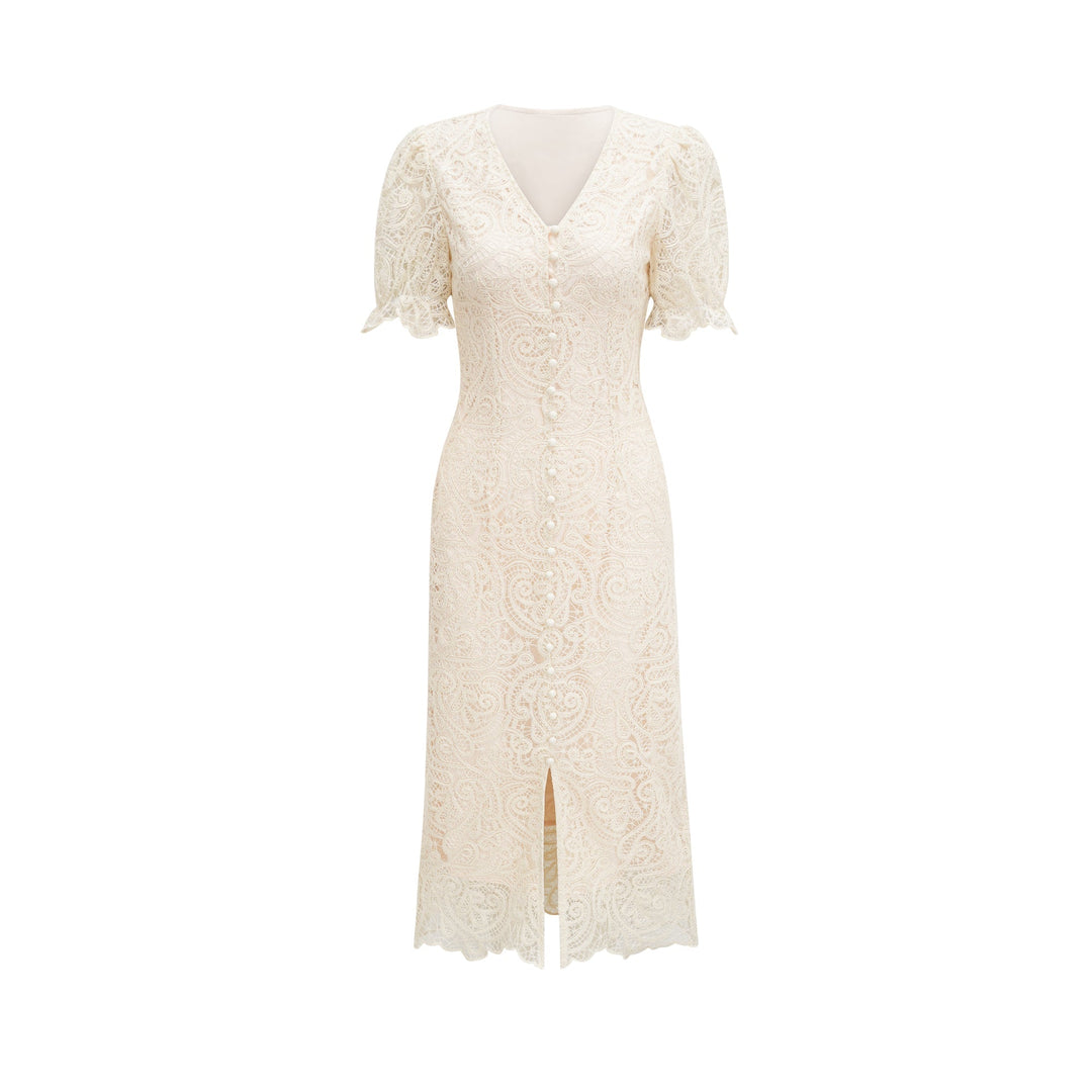 Levoire | Robe À Manches Courtes En Dentelle Blanche À Décolleté En V