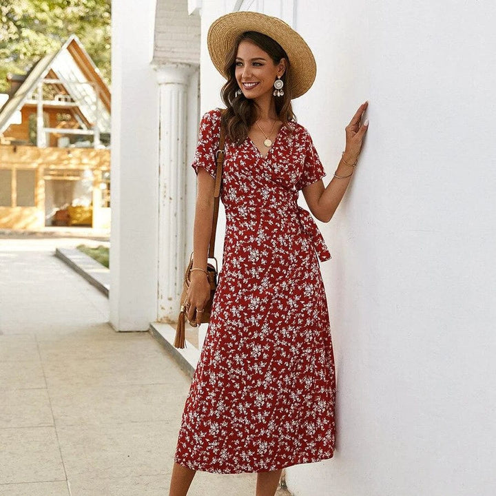 Levoire | Robe Mi-Longue Fleurs Rouges Pour Femmes Amara