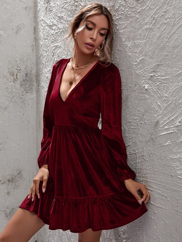 Levoire | Velours doré profond robe à décolleté en V à manches bouffantes en argent-larche