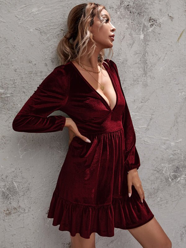 Levoire | Velours doré profond robe à décolleté en V à manches bouffantes en argent-larche