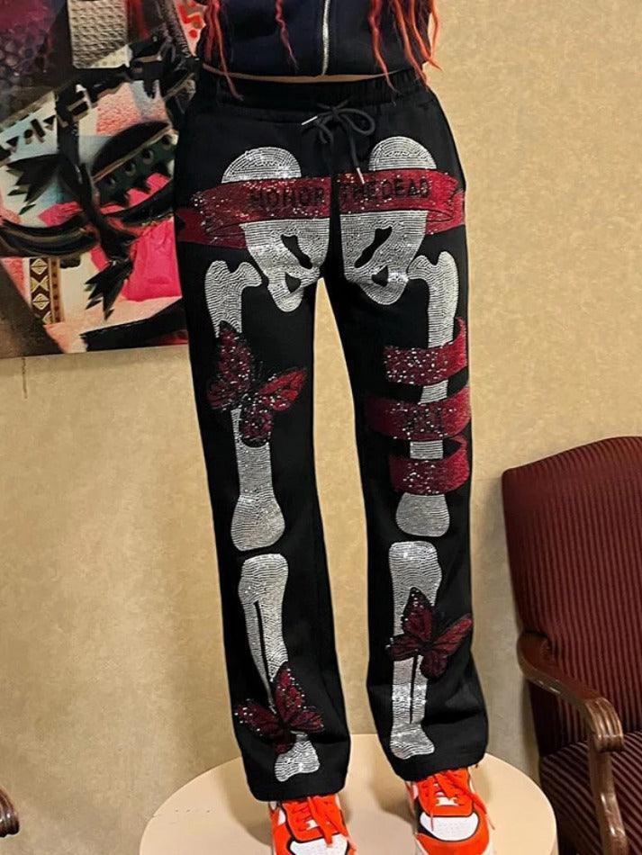 Levoire | Pantalons De Survêtement En Impression Strass Crâne Gothique Noir