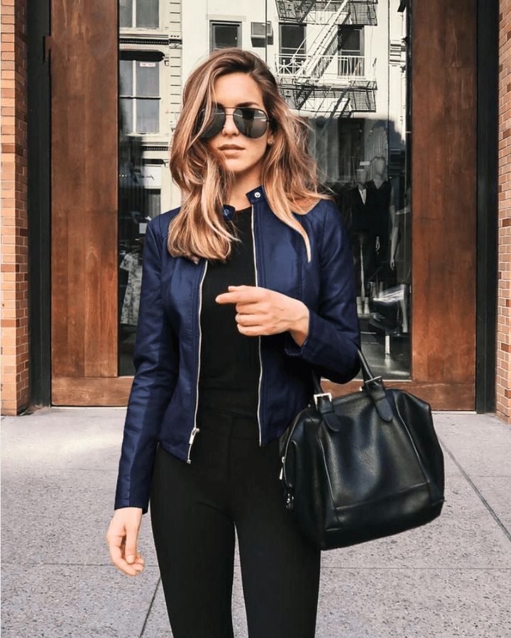 Levoire | Veste Femme Slim Fit Veste en Cuir Femme Parfaite Pour L'Automne Tendance & Décontractée Bleu Foncé
