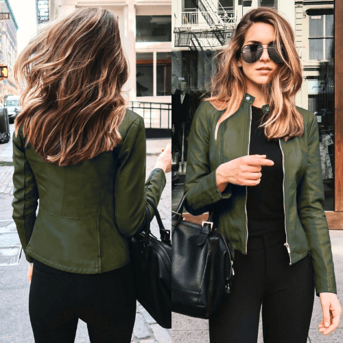 Levoire | Veste Femme Slim Fit Veste en Cuir Femme Parfaite Pour L'Automne Tendance & Décontractée Vert foncé