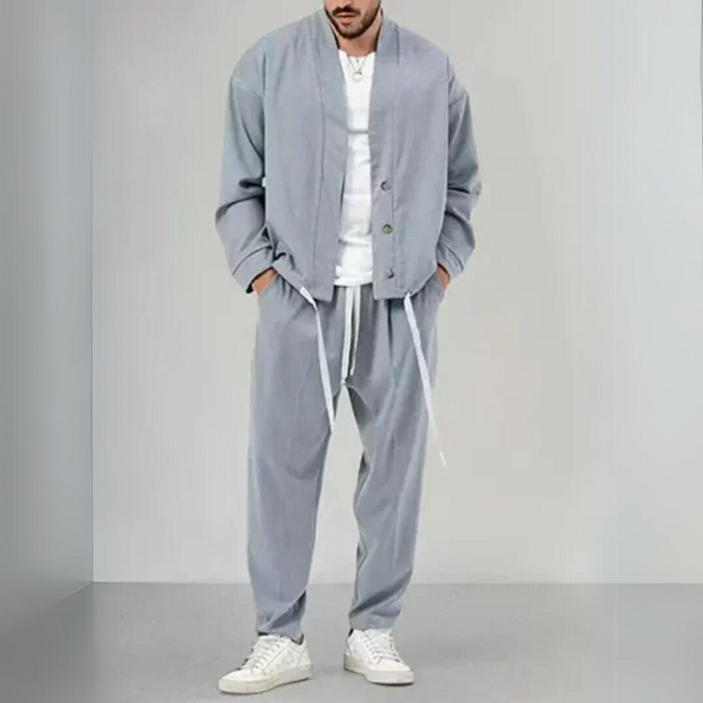 Levoire | Veste En Tricot À Boutons Et Pantalon À Cordons Pour Hommes Gris
