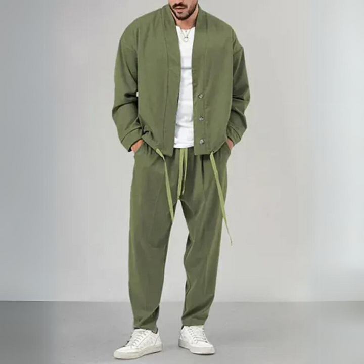 Levoire | Veste En Tricot À Boutons Et Pantalon À Cordons Pour Hommes Vert