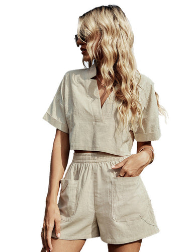 Levoire | Femmes V neck décontracté loose manches courtes baggy-short ensemble deux pièces