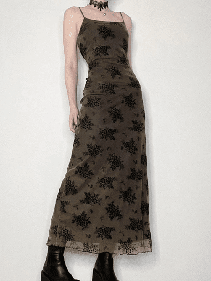 Levoire | Halloween Double Couche Fleurs Slip Maxi Robe Noir