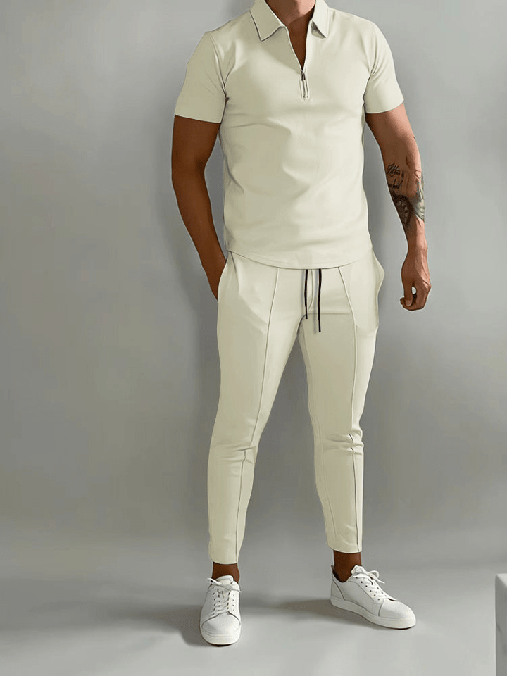 Levoire | Ensemble de sport pour homme en deux parties, chemise à demi-zip avec pantalon Beige