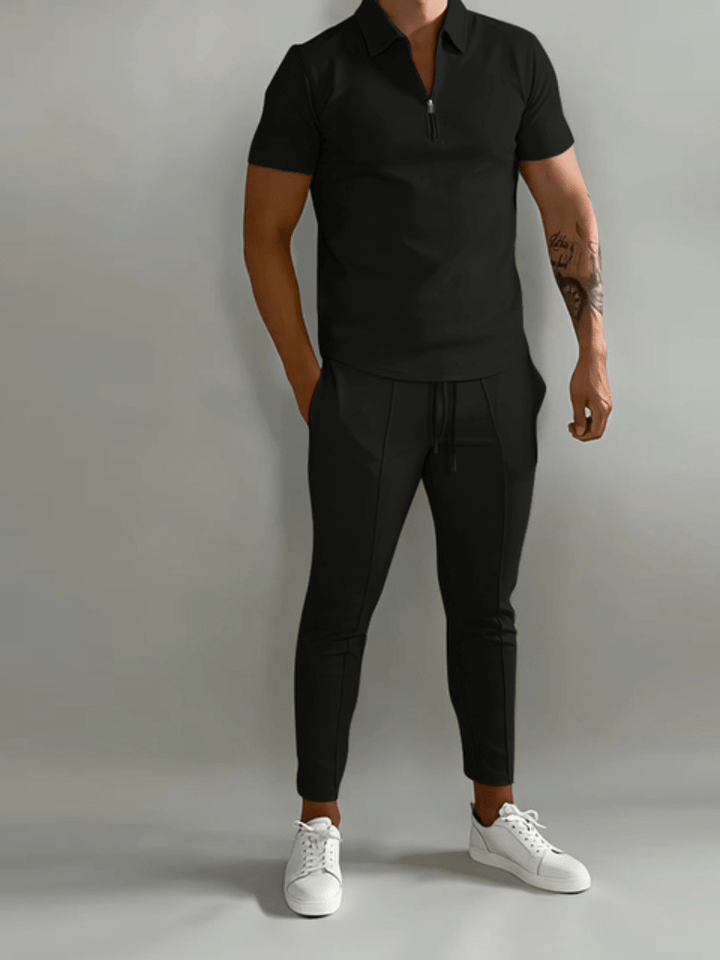 Levoire | Ensemble de sport pour homme en deux parties, chemise à demi-zip avec pantalon Noir