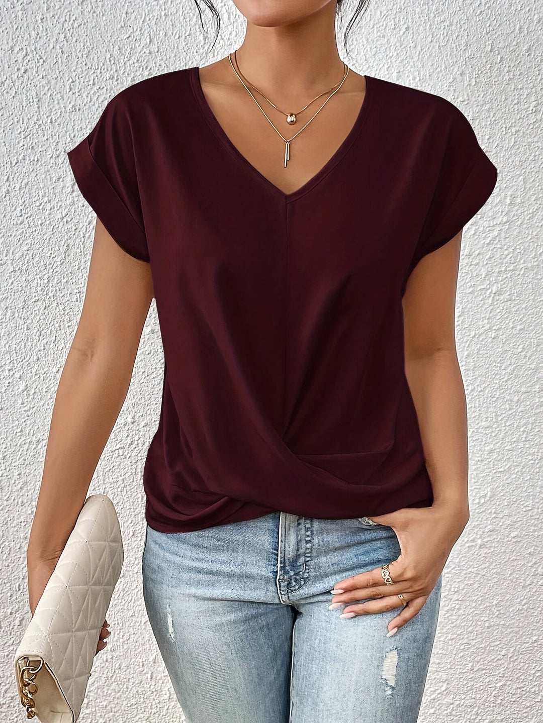 Levoire | T-Shirt Décontracté Pour Femmes Avec Décolleté En Forme De Cœur Confortable, Élégant Et Polyvalent Bordeaux