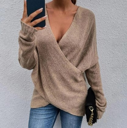 Levoire | Pull Élégant Doux À Col En V Pour Femmes Khaki