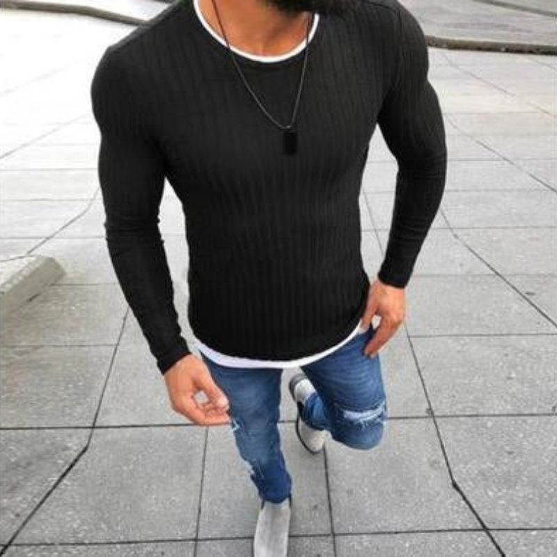 Levoire | Slim Fit Manches Longues Col Rond Sweat à Capuche Tricoté Noir