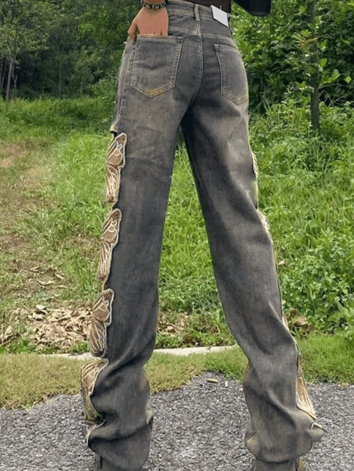 Levoire | Taille Haute Brodé Déchiré Détendu Ajustement Jeans Déchirés