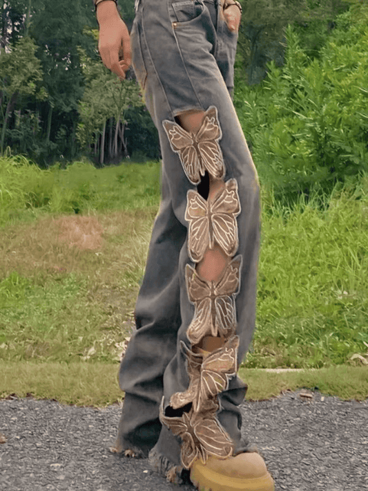 Levoire | Taille Haute Brodé Déchiré Détendu Ajustement Jeans Déchirés