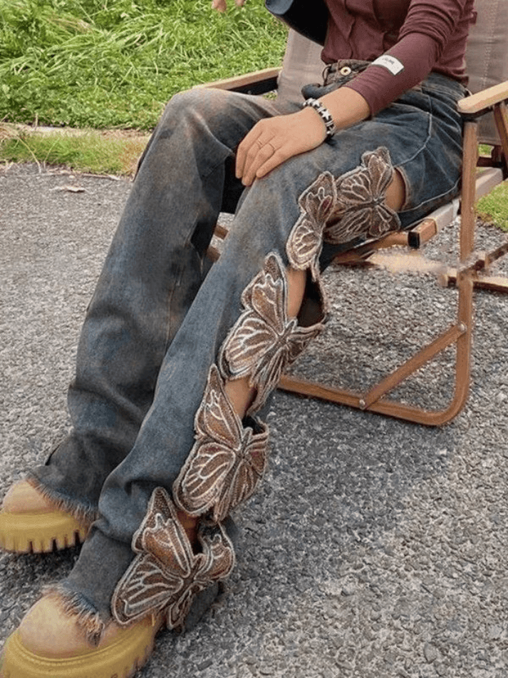Levoire | Taille Haute Brodé Déchiré Détendu Ajustement Jeans Déchirés