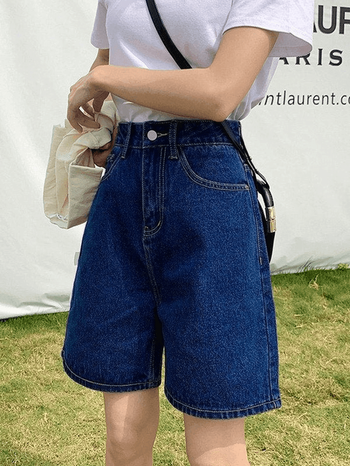 Levoire | Short En Denim Taille Haute À Jambe Droite Marine bleu