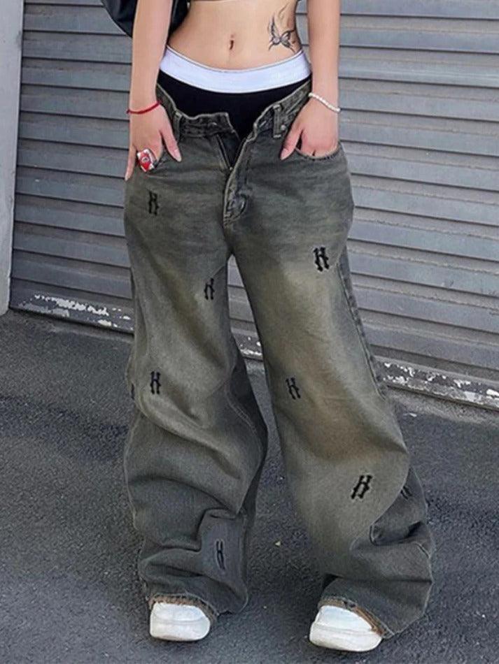 Levoire | Hip Pop Taille Basse Imprimé Boyfriend Jeans Bleu