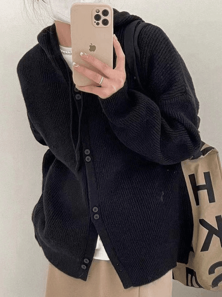 Levoire | Capuche Bouton Devant Tricot Gilet Noir UNE TAILLE