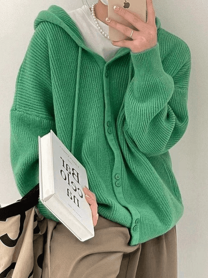 Levoire | Capuche Bouton Devant Tricot Gilet Vert UNE TAILLE