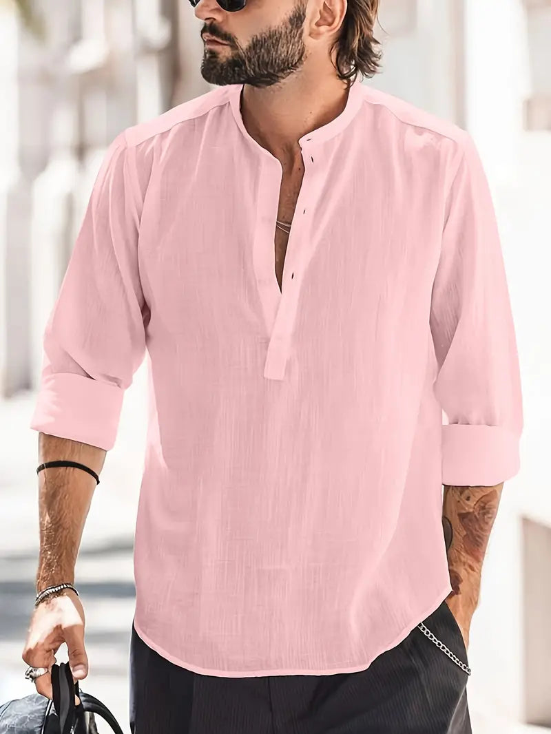 Levoire | Chemise En Lin Pour Hommes Chemise À Manches Longues Légère Pour L'Été Et Les Loisirs Rosa