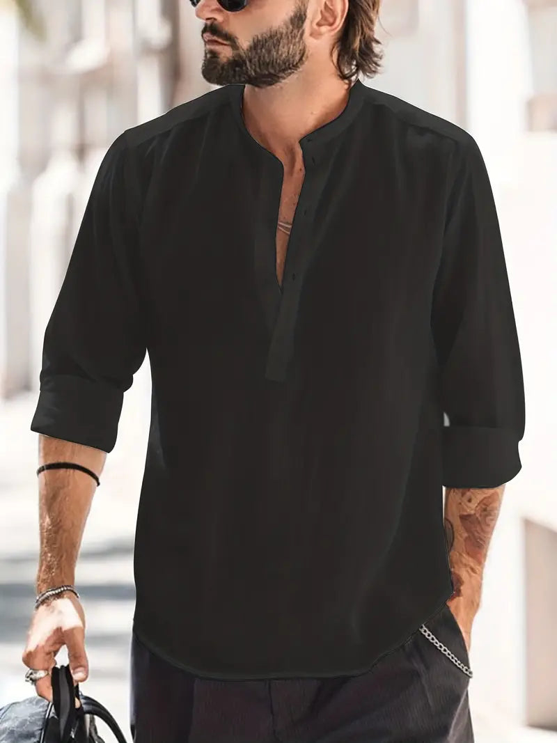 Levoire | Chemise En Lin Pour Hommes Chemise À Manches Longues Légère Pour L'Été Et Les Loisirs Noir