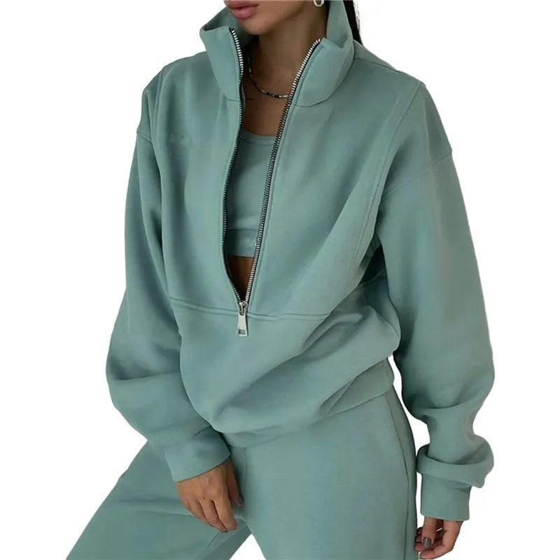 Levoire | Style Européen Ensemble De Sport À Capuche En Tissu Brossé Doux Bleu poussiéreux L