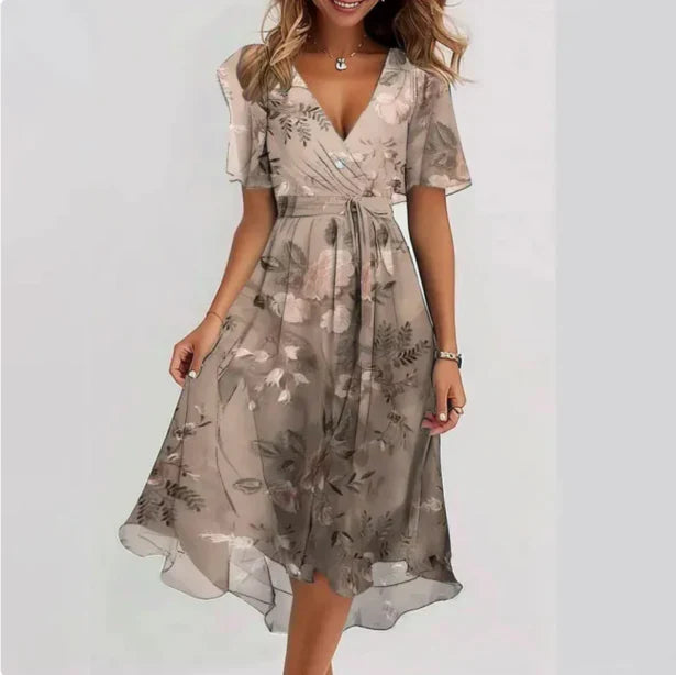 Levoire | Robe Midi En Chiffon À Décolleté En V Pour Femmes Beige