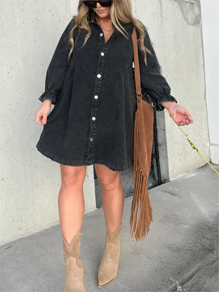 Levoire | Robe Chemise En Denim Élégante Avec Patte De Boutonnage Noir