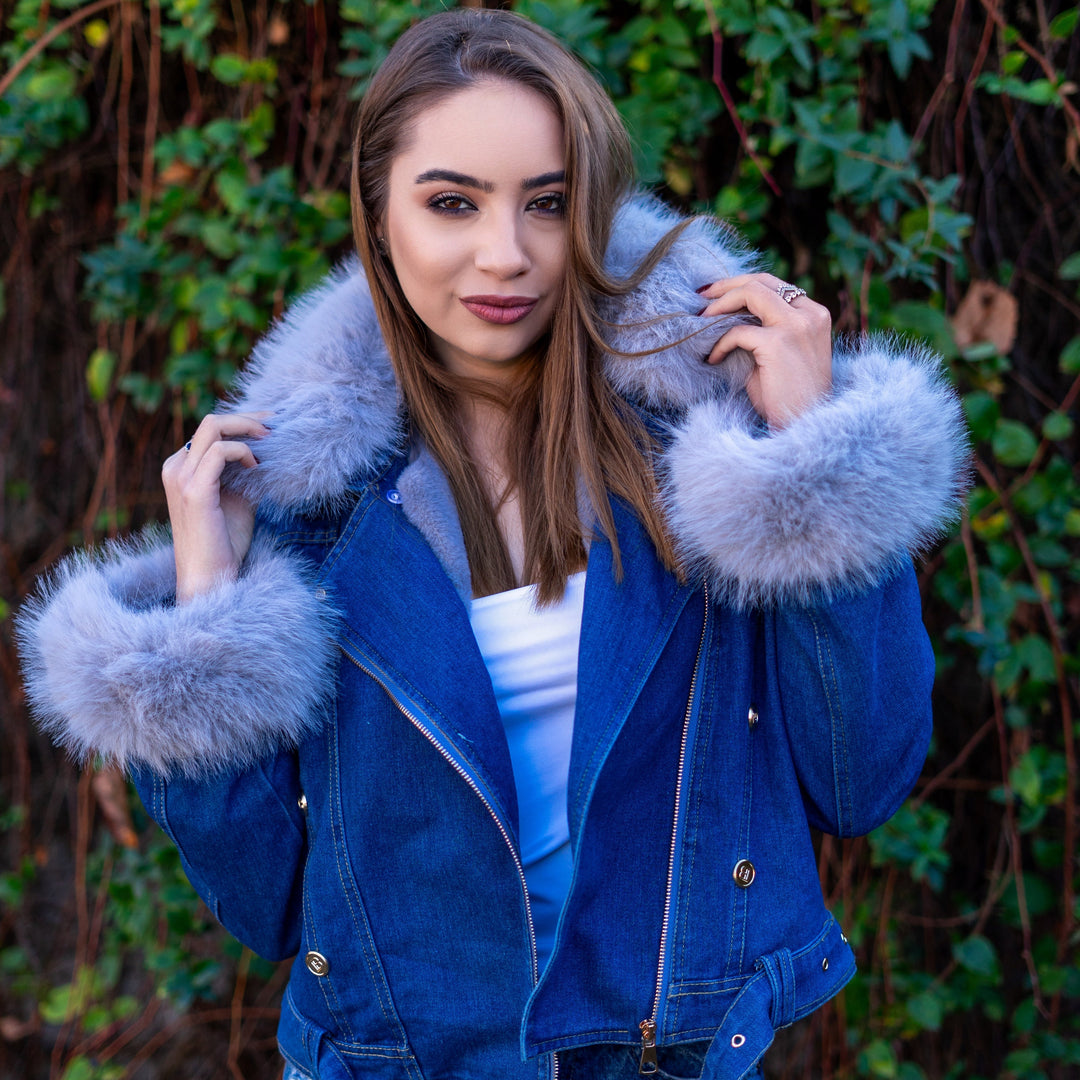 Levoire | Veste en denim à col en fausse fourrure