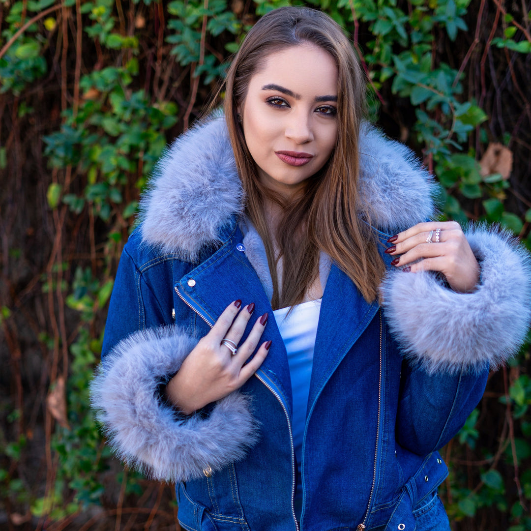 Levoire | Veste en denim à col en fausse fourrure