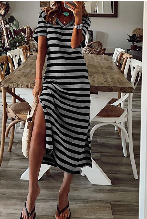 Levoire | Robe décontractée en patchwork rayé avec col en V et manches courtes Gris