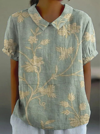 Levoire | Chemise Decontractee Pour Femmes Avec Motif Floral Retro En Coton Et Lin Vert