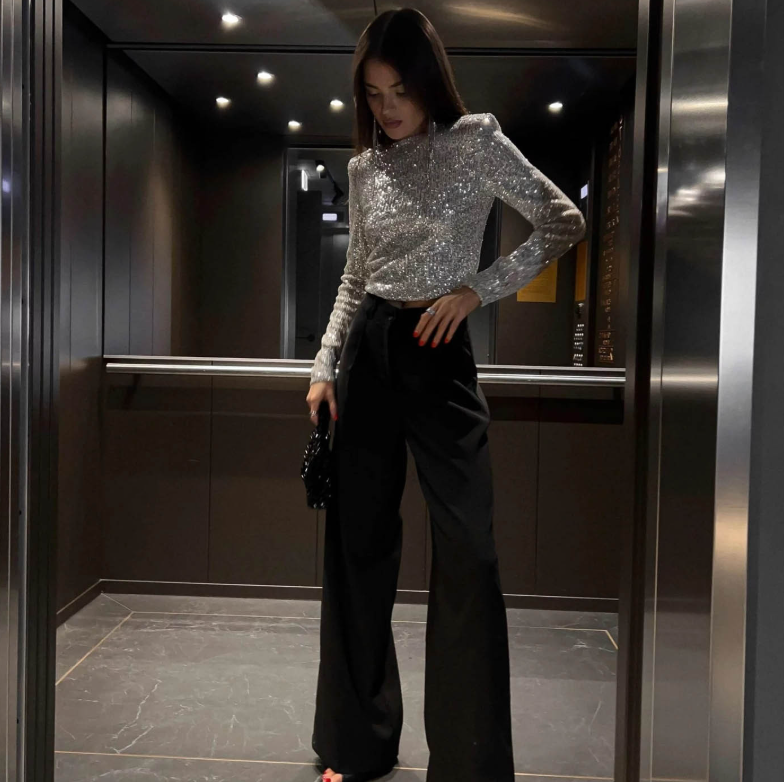 Levoire | Élégant Top En Paillettes À Manches Longues Blanc