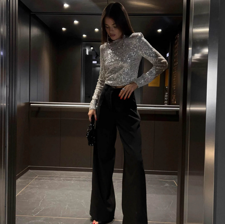 Levoire | Élégant Top En Paillettes À Manches Longues Blanc