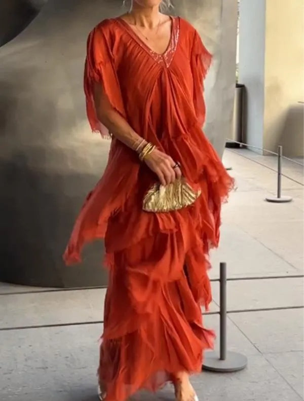 Levoire | Robe Longue Élégante Avec Motif Floral Orange