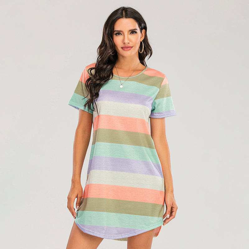 Levoire | Femme T-shirt Pyjama Court à Rayures Arc-en-ciel Lâche Rosa-Jaune-Vert rayures