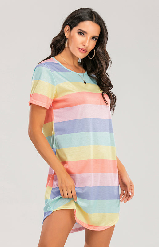 Levoire | Femme T-shirt Pyjama Court à Rayures Arc-en-ciel Lâche