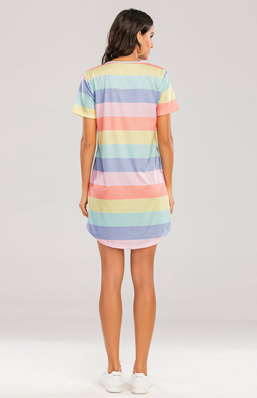 Levoire | Femme T-shirt Pyjama Court à Rayures Arc-en-ciel Lâche