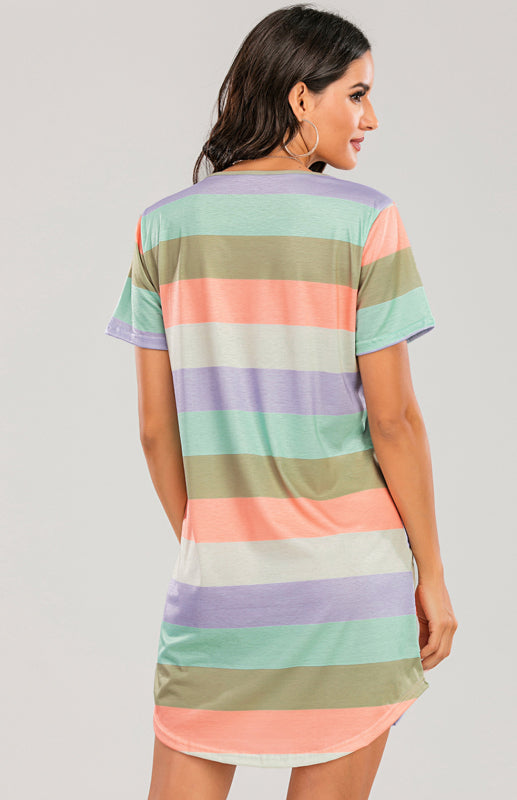 Levoire | Femme T-shirt Pyjama Court à Rayures Arc-en-ciel Lâche