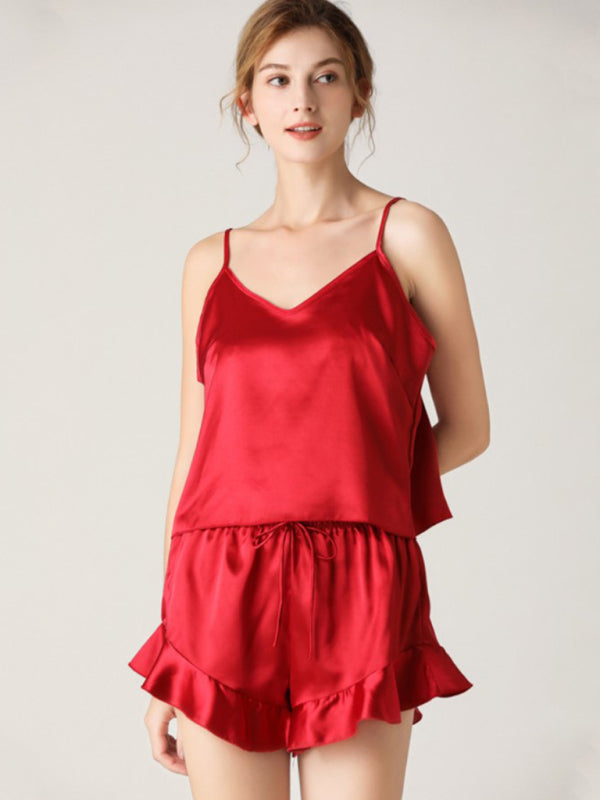 Levoire | Femme Uni Col V Spaghetti Bretelles Nuit + Shorts Pyjama Ensemble Deux Pièces Rot