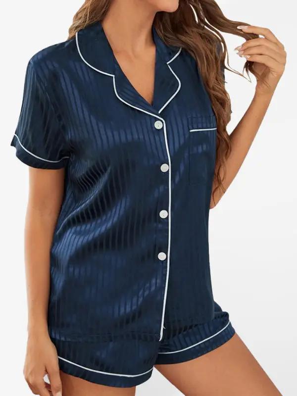 Levoire | Dame rayé haut à manches courtes + short ensemble pyjama Pourpre bleu marine