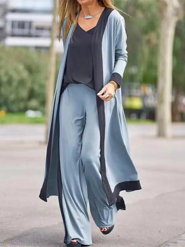 Levoire | Dame Loisirs Gilet sans manches en couleur contrastée + Veste à manches longues + Pantalon Trois ensembles Bleu