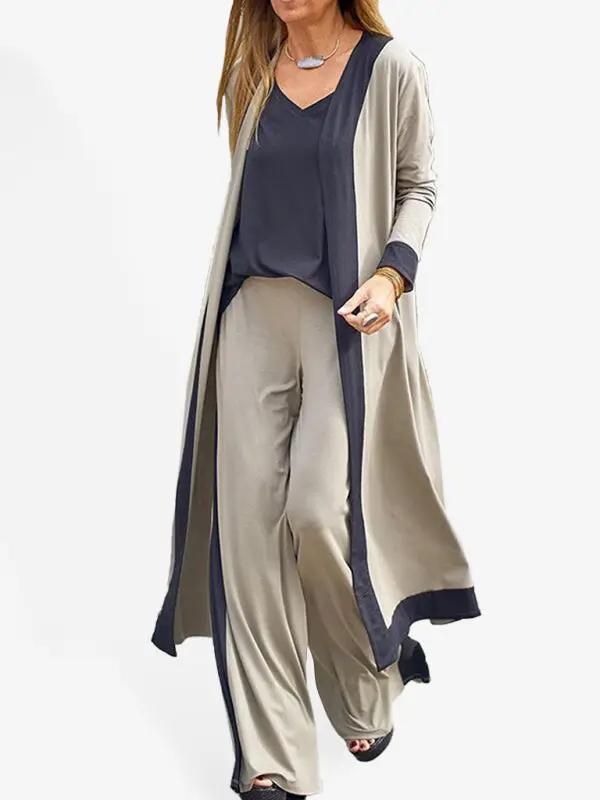 Levoire | Dame Loisirs Gilet sans manches en couleur contrastée + Veste à manches longues + Pantalon Trois ensembles Vert mousse