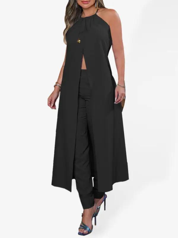 Levoire | Femme Top Dos Nu Sans Manches Uni + Pantalon Taille Haute Set Noir