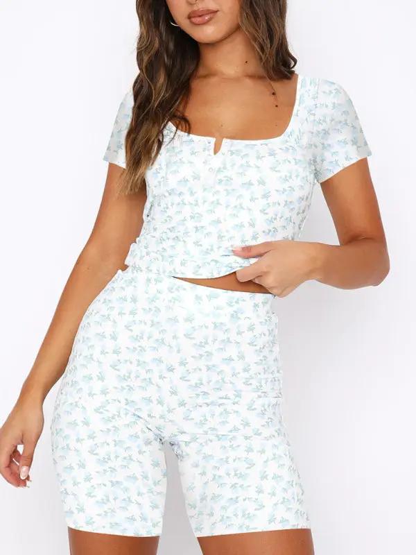 Levoire | Femmes top à manches courtes tricotée à fleurs + short ensemble deux pièces Bleu