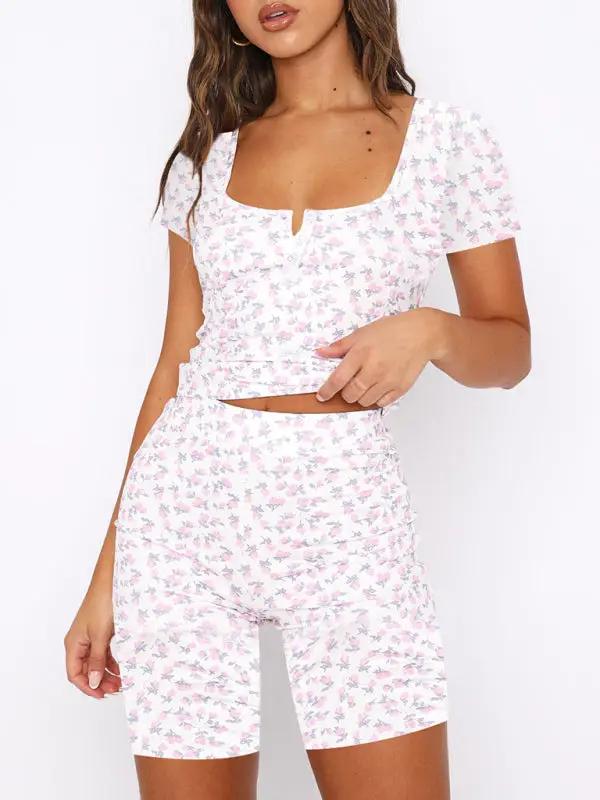 Levoire | Femmes top à manches courtes tricotée à fleurs + short ensemble deux pièces Rosa