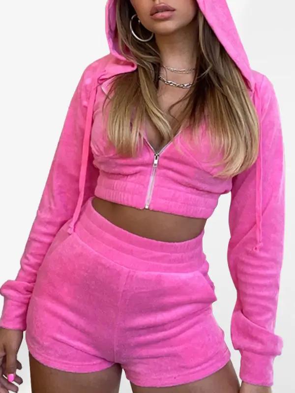 Levoire | Veste en velours doré pour femme avec capuche, manches longues et zip + configuration de l'ensemble deux pièces short Rosa