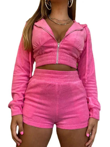 Levoire | Veste en velours doré pour femme avec capuche, manches longues et zip + configuration de l'ensemble deux pièces short